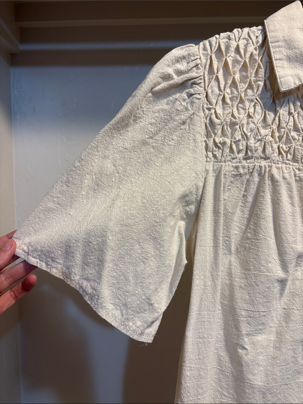 G.G.O White Smocked Yoke Button-Front Blouse - Picture 4 of 5